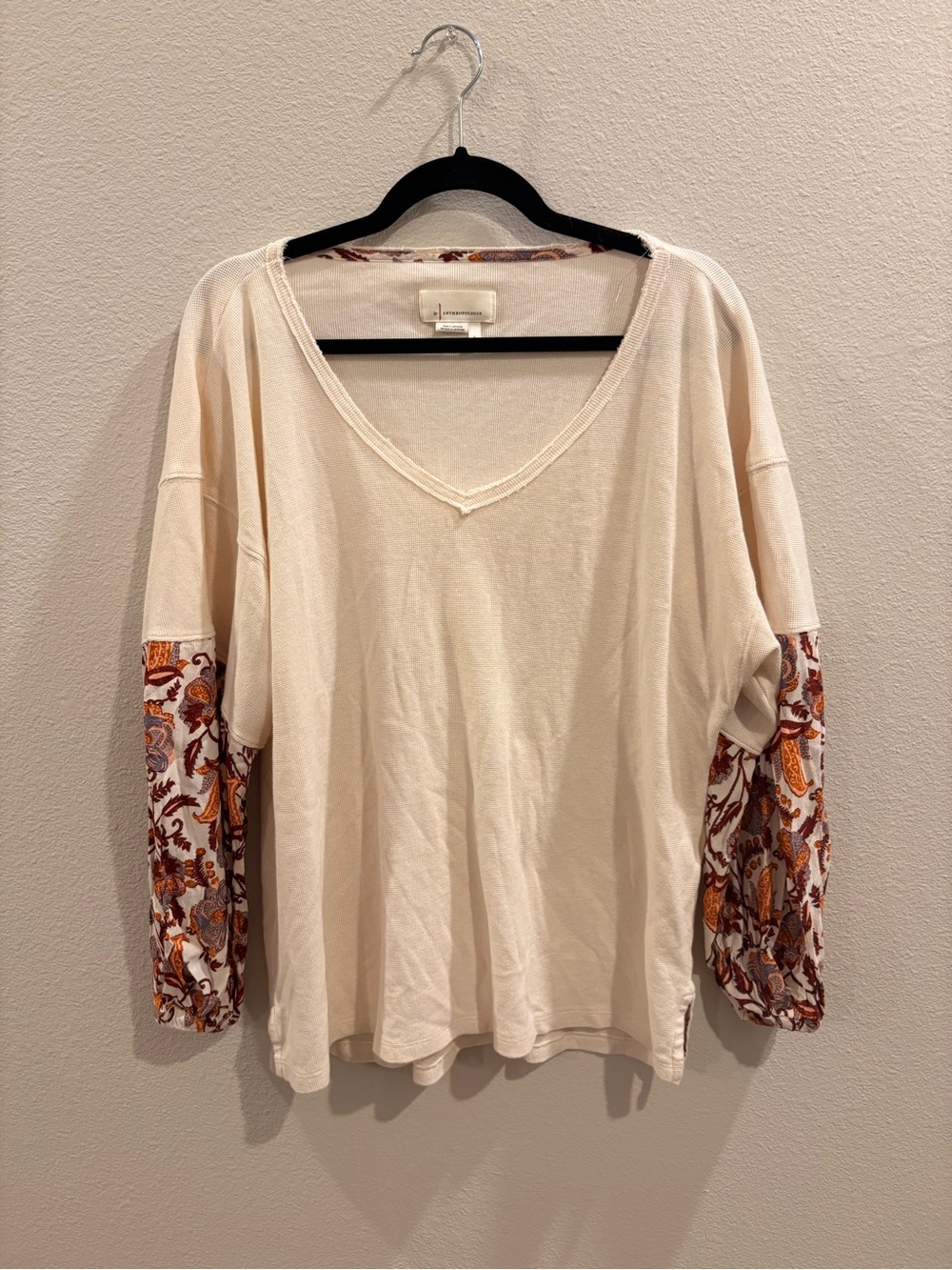 Anthropologie Cream V-Neck Pullover with Paisley Balloon Sleeves